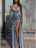 Off Shoulder Beaded Prom Dress - Long Satin Evening HZ0307