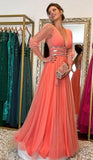 LTP1228,Coral A-Line Prom Dresses,Tulle V-Neck Evening HZ0307