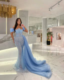 Sky Blue Bodycon Sequin Long Prom Evening Dress With Organza HZ0307