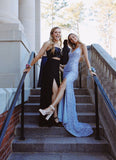 LTP1028,Sparkly Mermaid V Neck Straps Sequins Blue Prom Dress,Glitter Slit Evening HZ0307