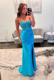 Straps Blue Lace Appliques and Satin Fitted Long Prom HZ0307