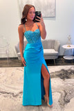 Straps Blue Lace Appliques and Satin Fitted Long Prom HZ0307