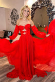 Sweetheart Red Chiffon Pleated A-line Long Prom HZ0307