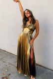 Gold Metallic Pleated A-line Long Prom HZ0307