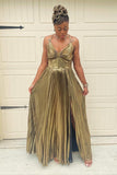 Gold Metallic Pleated A-line Long Prom HZ0307