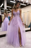 Lilac Appliques V-Neck Tulle Long Prom HZ0307