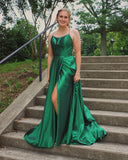 Green A-Line Satin Long Evening Prom HZ0307