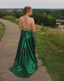 Green A-Line Satin Long Evening Prom HZ0307
