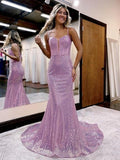 Spaghetti Straps Mermaid Sequins Long Evening Prom HZ0307
