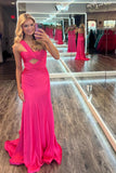 One Shoulder Hot Pink Ruched Keyhole Fitted Prom HZ0307