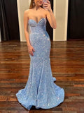 Sparkle Mermaid Baby Blue Sequined Long Prom HZ0307
