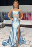 Light Blue Corset Satin Fitted Long Prom HZ0307