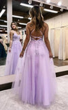 Lilac Appliques V-Neck Tulle Long Prom HZ0307