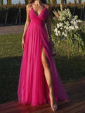 Spaghetti Straps Tulle Fuchsia Prom Dress, Long Pageant HZ0307
