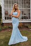 Baby Blue Lace Bodycon Lace Up Back Prom HZ0307