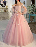 LTP1016,Long Sleeve Prom Dresses, Pearl Pink Ball Gown Long Floral Fairy Prom HZ0307