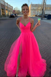 LTP0871,Hot pink tulle prom dresses spaghetti straps v-neck evening dress a-line split evening party HZ0307