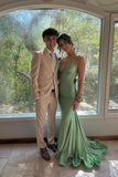 Straps Green Satin Mermaid Long Prom HZ0307