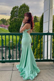 V Neck Green Satin Mermaid Long Prom Dress with Cross HZ0307