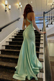 V Neck Green Satin Mermaid Long Prom Dress with Cross HZ0307