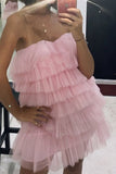 LTP1424,Tiered Tulle Pink Homecoming Dress, Princess Strapless Short Prom HZ0307