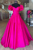 Flower Sleeves A-Line Hot Pink Evening Party Dress, Blue Long Satin Prom Dress HZ0307