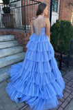 Straps Blue Appliques Tiered Ruffle Long Formal HZ0307