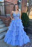 Straps Blue Appliques Tiered Ruffle Long Formal HZ0307