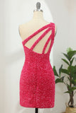 One Shoulder Open Back Sequin Hot Pink Homecoming HZ0307