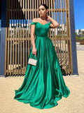 Off The Shoulder Green A-Line Satin Prom HZ0307