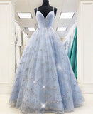 LTP1033,Charming Tulle V neck Blue Starry Sequin Prom Dress, Long A-Line Evening HZ0307