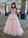 LTP1037,Princess light pink tulle prom dresses,v-neck evening HZ0307