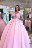 LTP0840,Pink ball gown v-neck beaded prom dresses pink evening dress sweet 16 HZ0307