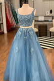 LTP1004,Blue prom dresses applique tulle a-line evening formal HZ0307