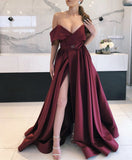 LTP0988,Off the shoulder burgundy prom dresses side slit evening prom dress satin formal HZ0307