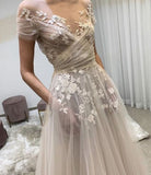 LTP0927,Light champagne tulle lace long prom dress, lace evening HZ0307