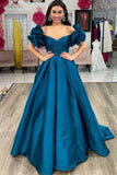 Flower Sleeves A-Line Hot Pink Evening Party Dress, Blue Long Satin Prom Dress HZ0307