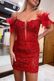 Red Sequin Bodycon Feather Homecoming HZ0307