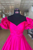 Flower Sleeves A-Line Hot Pink Evening Party Dress, Blue Long Satin Prom Dress HZ0307