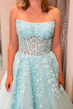 Strapless Light Blue Lace Appliques Long Formal HZ0307