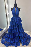 Halter Royal Blue Sequin Tulle Ruffles HZ0307