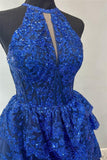 Halter Royal Blue Sequin Tulle Ruffles HZ0307