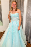 Strapless Light Blue Lace Appliques Long Formal HZ0307