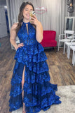 Halter Royal Blue Sequin Tulle Ruffles HZ0307