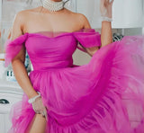 Off The Shoulder Hot Pink Tulle Split Prom Party HZ0307