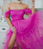 Off The Shoulder Hot Pink Tulle Split Prom Party HZ0307