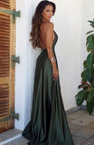 LTP1573,Olivia Green Satin Long Prom Dresses,Backless Evening Party HZ0307
