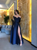 LTP1255,Dark Blue Off The Shoulder Prom Dresses, Blue Satin Evening HZ0307