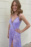 LTP1651,Sparkle Lilac Sequin Long Prom Dresses With Slit,V-Neck Evening Formal HZ0307