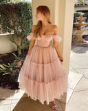 LTP1866,A-Line Pink Off The Shoulder Tulle Prom Homecoming HZ0307